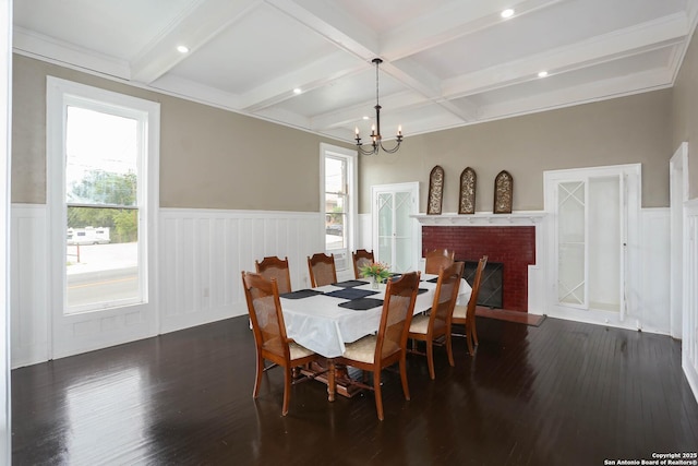 dining space with beam ceiling, a wainscoted wall, dark wood finished floors, a brick fireplace, and coffered ceiling