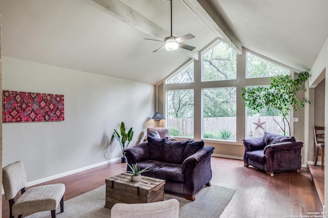 living room with beam ceiling, ceiling fan, wood finished floors, high vaulted ceiling, and baseboards