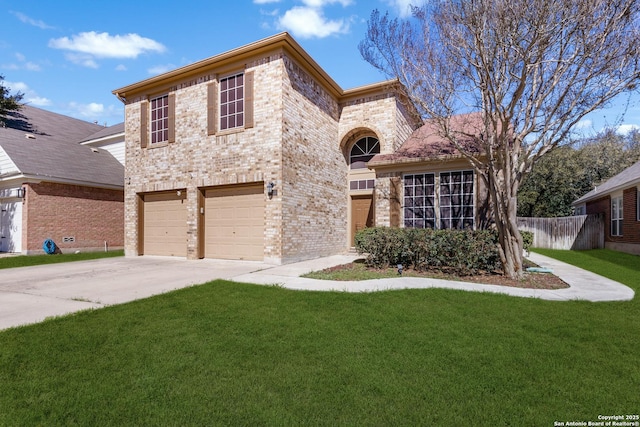 view of front of property featuring brick siding, an attached garage, driveway, and a front lawn