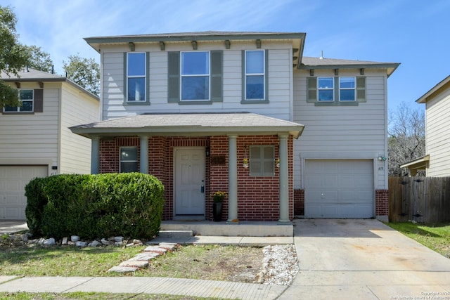 view of front of property featuring driveway, fence, covered porch, an attached garage, and brick siding