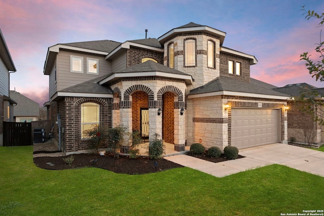 french country inspired facade featuring driveway, stone siding, cooling unit, a front lawn, and brick siding