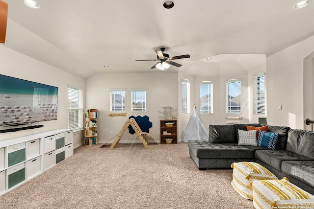 living room with light carpet, baseboards, ceiling fan, vaulted ceiling, and recessed lighting