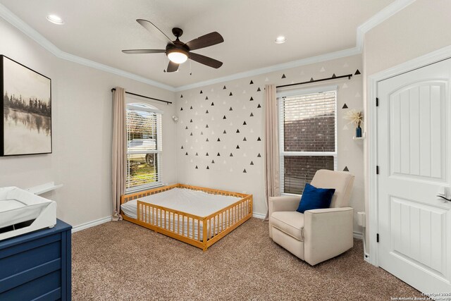 bedroom featuring carpet floors, crown molding, recessed lighting, a ceiling fan, and baseboards