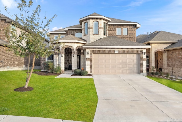 french country inspired facade featuring roof with shingles, brick siding, concrete driveway, a front yard, and a garage