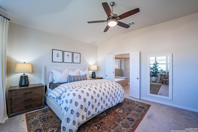 bedroom featuring ceiling fan, visible vents, baseboards, carpet, and ensuite bath