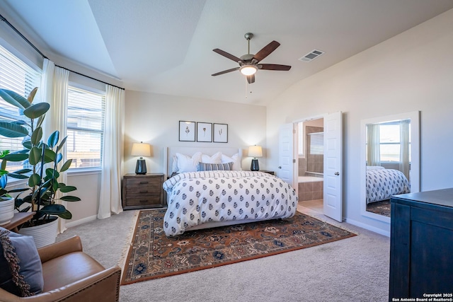 bedroom with baseboards, visible vents, a ceiling fan, vaulted ceiling, and carpet flooring