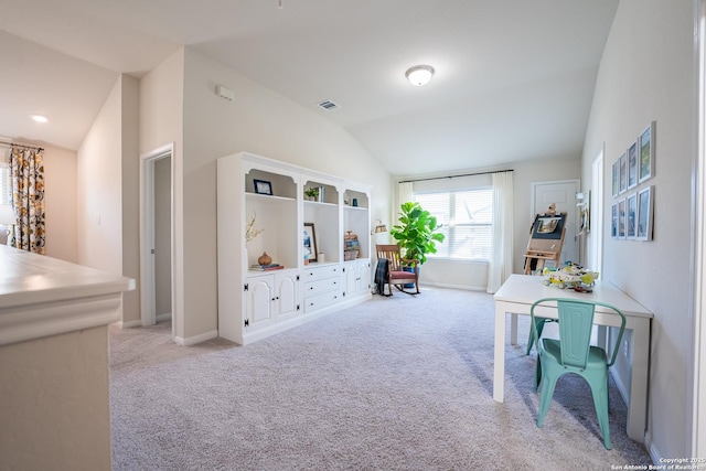 playroom with light carpet, baseboards, visible vents, and vaulted ceiling