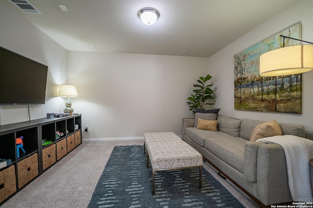 living room featuring carpet floors, visible vents, and baseboards