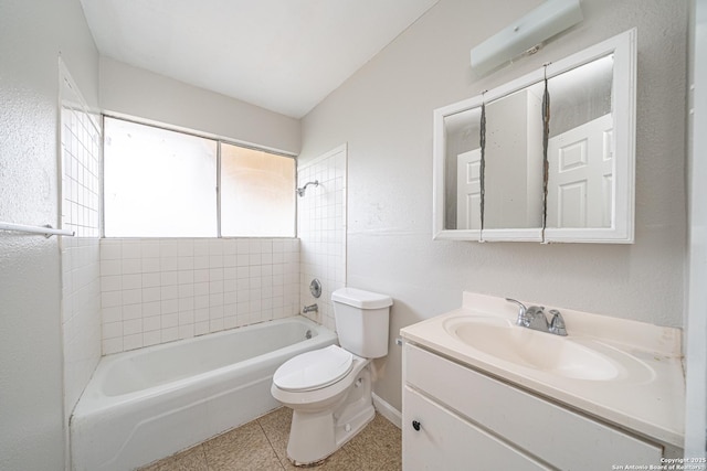 bathroom with toilet, washtub / shower combination, vanity, tile patterned flooring, and baseboards