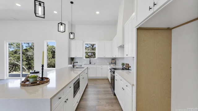 kitchen with pendant lighting, a center island with sink, light wood finished floors, stainless steel appliances, and a sink