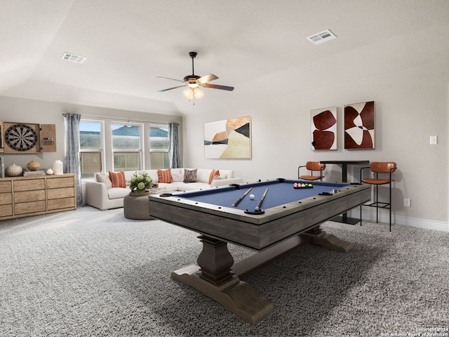 game room with carpet floors, billiards, visible vents, and baseboards