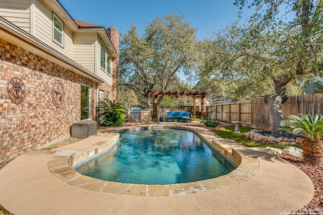 view of swimming pool featuring a fenced in pool, a fenced backyard, a patio, and a pergola