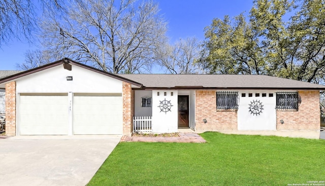 ranch-style house featuring a garage, concrete driveway, brick siding, and a front yard