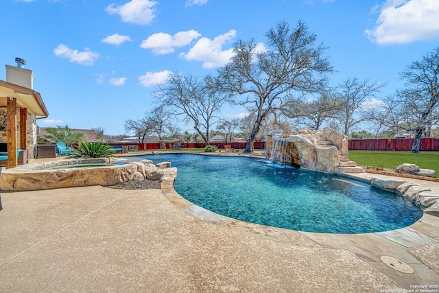 view of swimming pool with a fenced in pool, a lawn, a patio, a fenced backyard, and an in ground hot tub