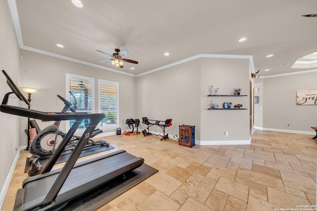 exercise room with crown molding, stone tile floors, recessed lighting, and baseboards