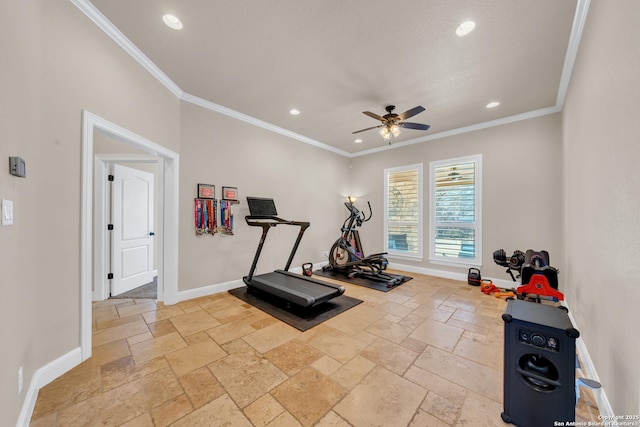 workout room with recessed lighting, stone tile flooring, crown molding, and baseboards