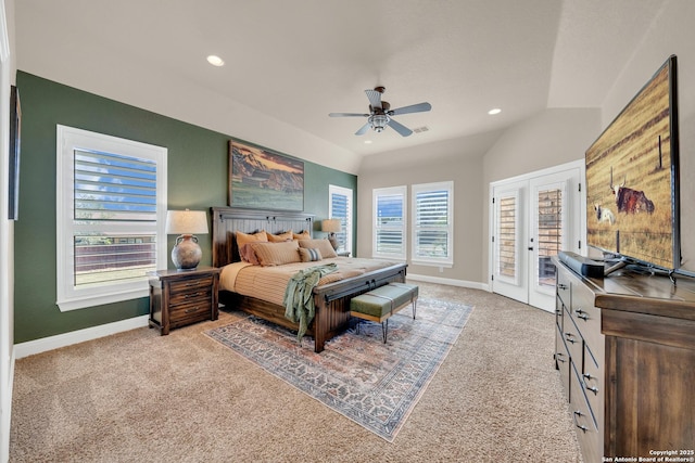 bedroom featuring access to exterior, baseboards, carpet flooring, and recessed lighting