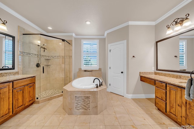 full bathroom featuring a garden tub, ornamental molding, a stall shower, vanity, and baseboards