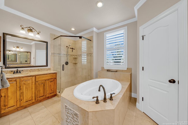 full bathroom with ornamental molding, vanity, a shower stall, a bath, and recessed lighting