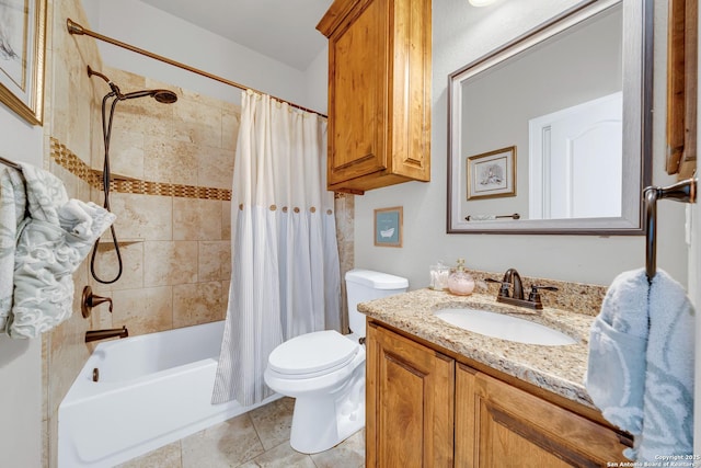 full bathroom with toilet, shower / bathtub combination with curtain, and vanity