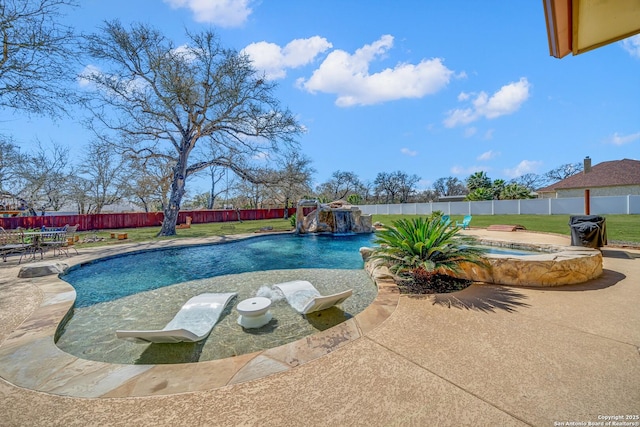 view of swimming pool with a fenced in pool, a patio, a fenced backyard, outdoor dining area, and a yard