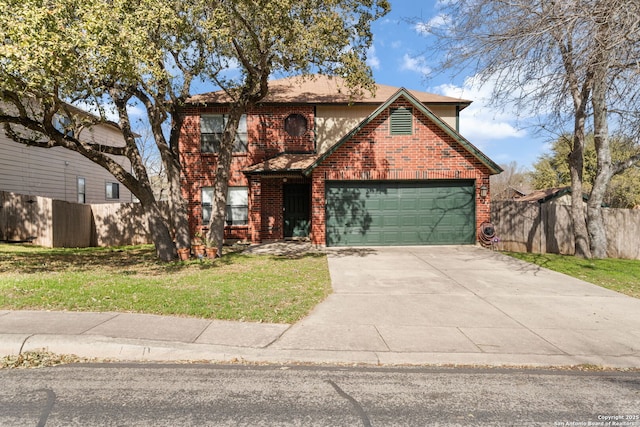 traditional home featuring an attached garage, brick siding, fence, driveway, and a front yard