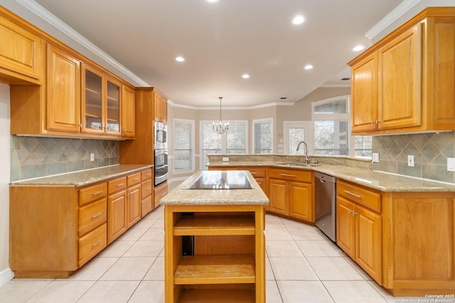 kitchen featuring appliances with stainless steel finishes, crown molding, open shelves, a sink, and light tile patterned flooring