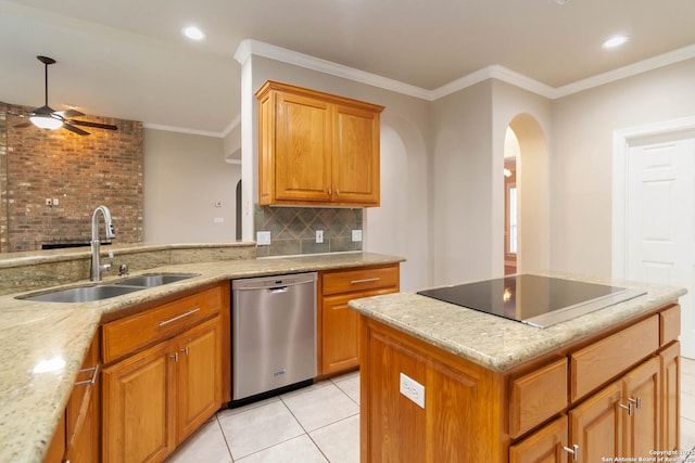 kitchen with arched walkways, light stone countertops, black electric stovetop, stainless steel dishwasher, and a sink