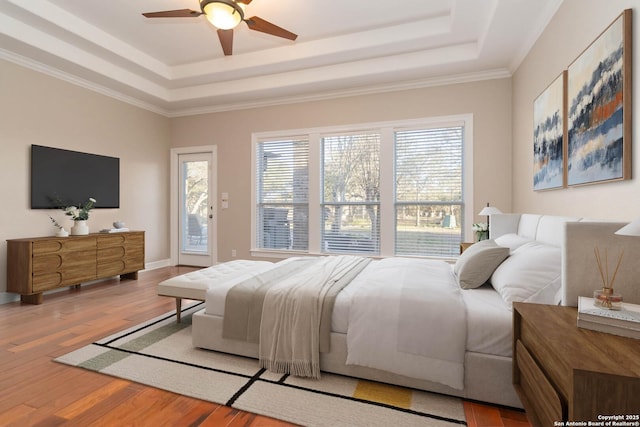 bedroom featuring a tray ceiling, ceiling fan, wood finished floors, access to outside, and baseboards