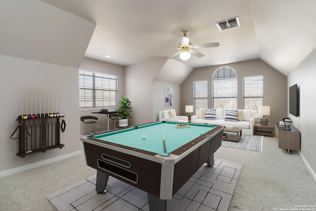 recreation room with baseboards, visible vents, lofted ceiling, ceiling fan, and pool table