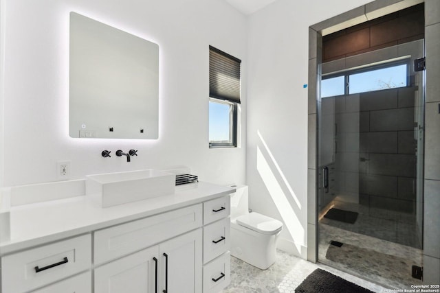 full bathroom with toilet, a shower stall, and vanity