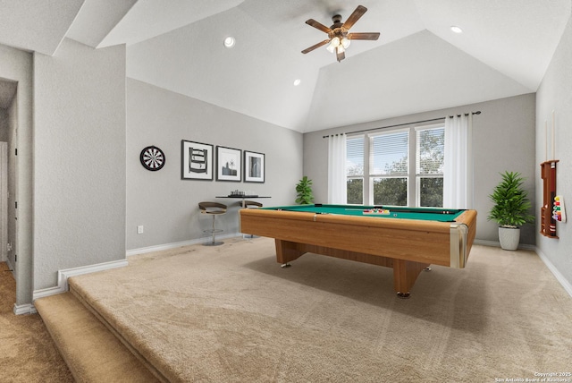 rec room featuring recessed lighting, vaulted ceiling, baseboards, and billiards