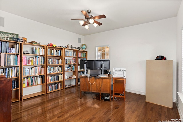 office area with ceiling fan, wood finished floors, and baseboards