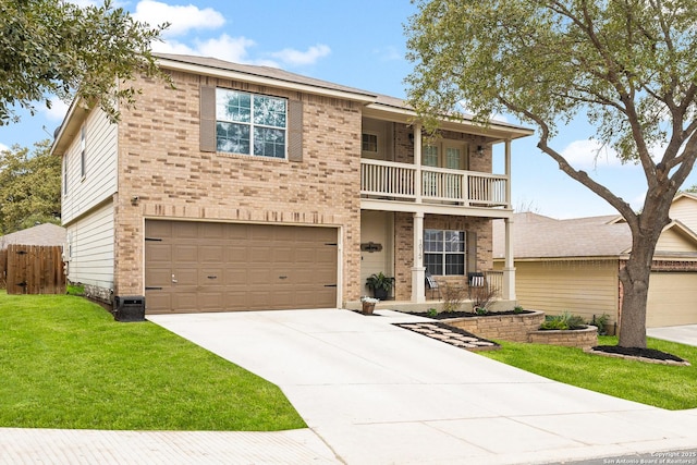 view of front of property featuring brick siding, a porch, a balcony, driveway, and a front lawn