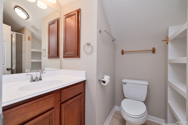 full bath with visible vents, toilet, tile patterned floors, vanity, and a shower stall