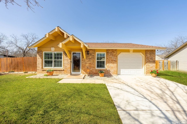 single story home featuring a garage, brick siding, a front lawn, and fence