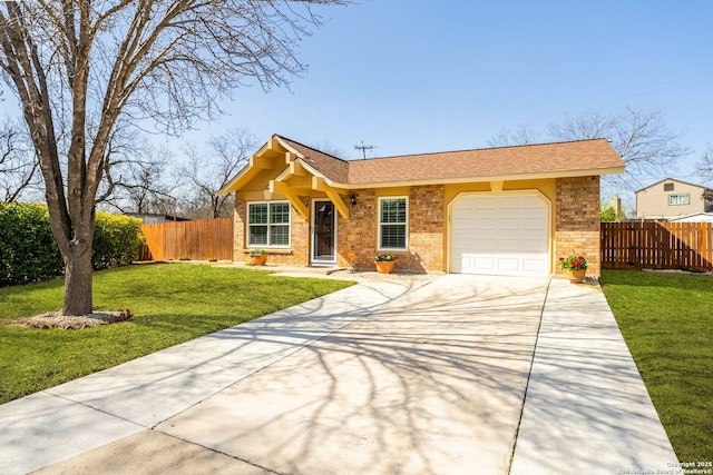 single story home featuring driveway, brick siding, an attached garage, and fence