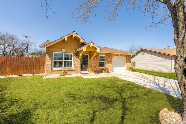 ranch-style house featuring brick siding, a front lawn, an attached garage, and fence