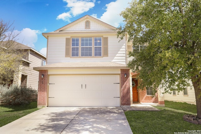 traditional-style home featuring a garage, concrete driveway, brick siding, and a front lawn