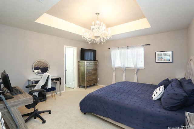 bedroom with crown molding, a notable chandelier, a raised ceiling, light carpet, and baseboards