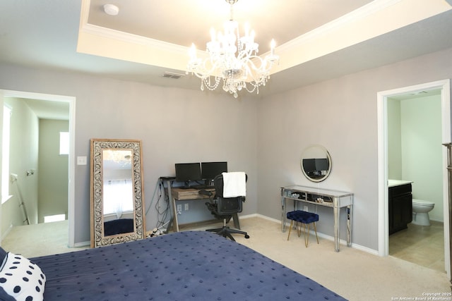 carpeted bedroom with a chandelier, visible vents, baseboards, ornamental molding, and a raised ceiling