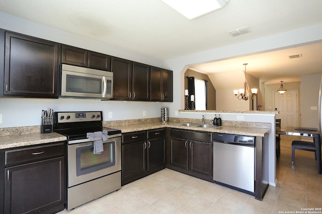 kitchen featuring visible vents, a peninsula, stainless steel appliances, light countertops, and a sink