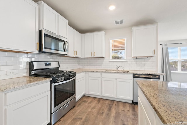 kitchen featuring a sink, visible vents, appliances with stainless steel finishes, a wealth of natural light, and light wood finished floors