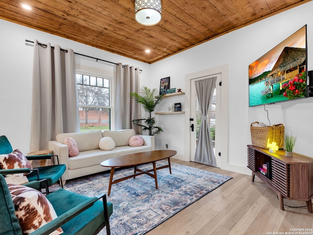 living area featuring recessed lighting, wood ceiling, and wood finished floors