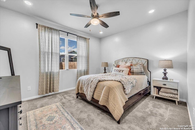 carpeted bedroom with baseboards, a ceiling fan, and recessed lighting