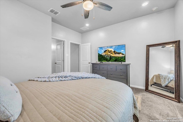 carpeted bedroom with ceiling fan, visible vents, baseboards, and recessed lighting