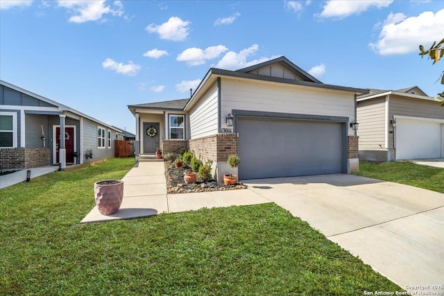 ranch-style home featuring a garage, concrete driveway, a front lawn, board and batten siding, and brick siding