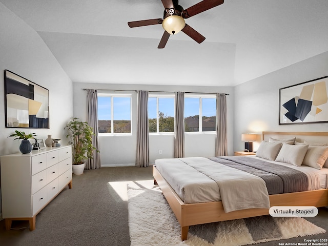 12518 Ponder, San Antonio, TX 78245 - bedroom with light colored carpet, a ceiling fan, and vaulted ceiling