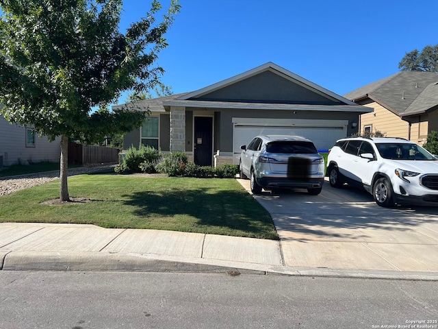 ranch-style house with a front lawn, concrete driveway, and an attached garage