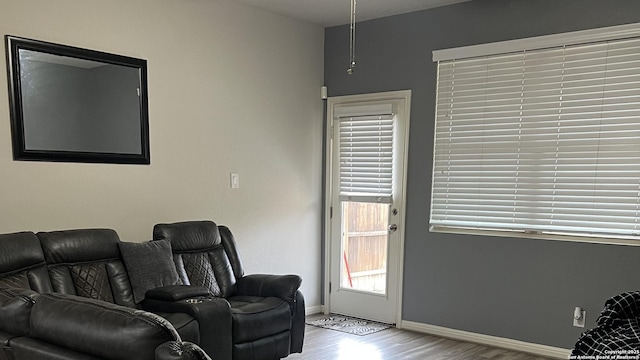 living area featuring baseboards and wood finished floors